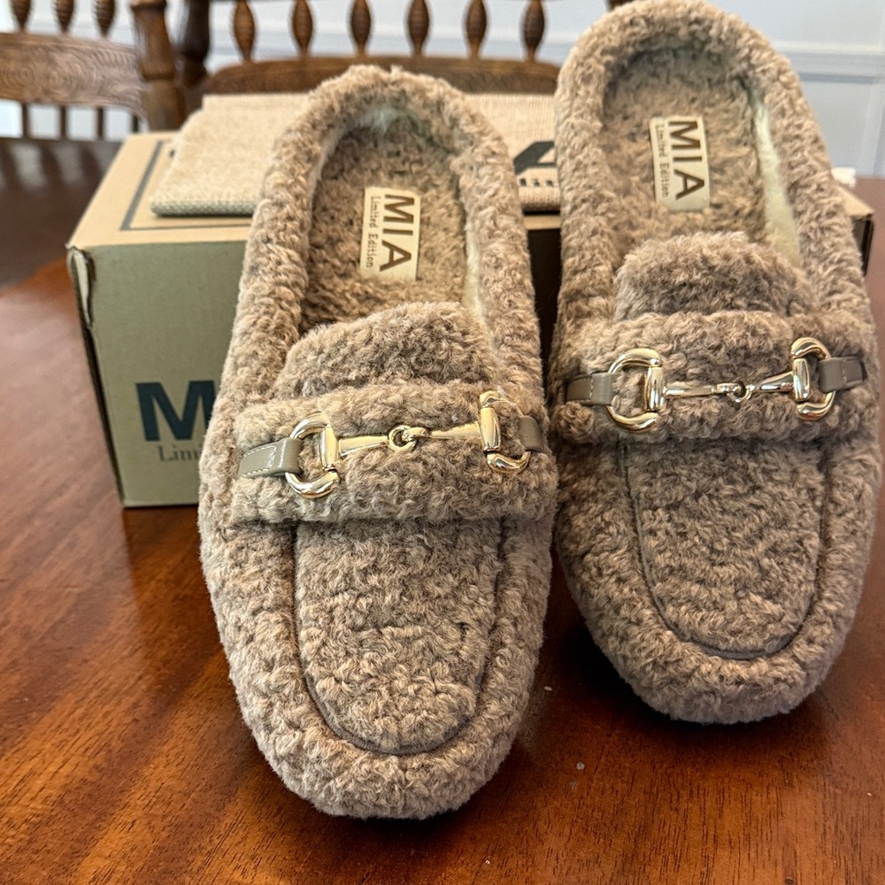MIA Beige Fuzzy Loafers with Metallic Detail